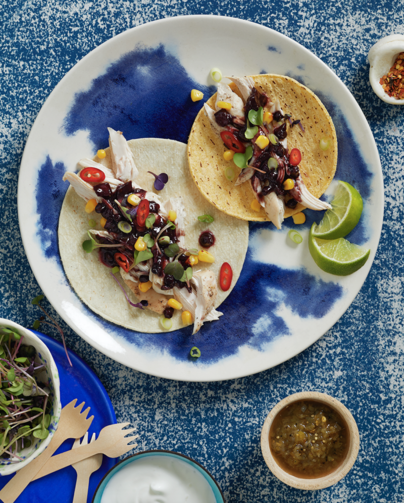 wild blueberry and ginger roast chicken tacos